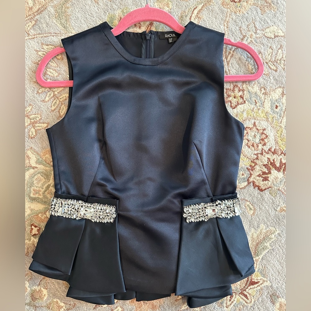 Raoul Navy Blue Silk Peplum Top with Embellished Waist